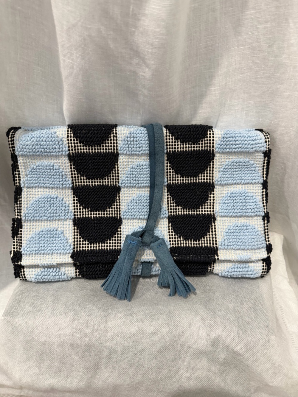 Isola Blue Black White Crochet Tassel Clutch